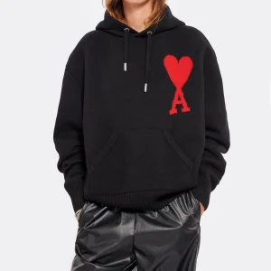 AMI Paris Pull Hoodie Unisexe Ami De Cœur Laine Noir Rouge 11