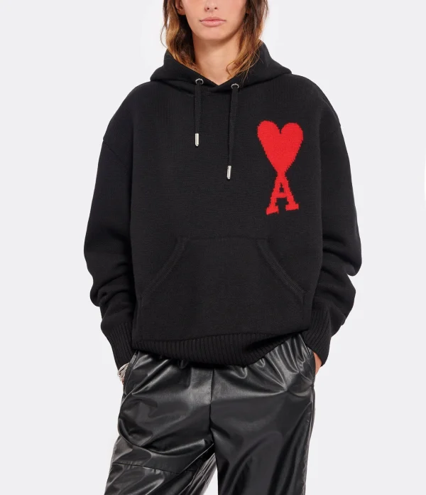 AMI Paris Pull Hoodie Unisexe Ami De Cœur Laine Noir Rouge 4