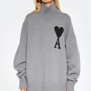 AMI Paris Pull Unisexe Ami De Cœur Laine Gris Noir 12