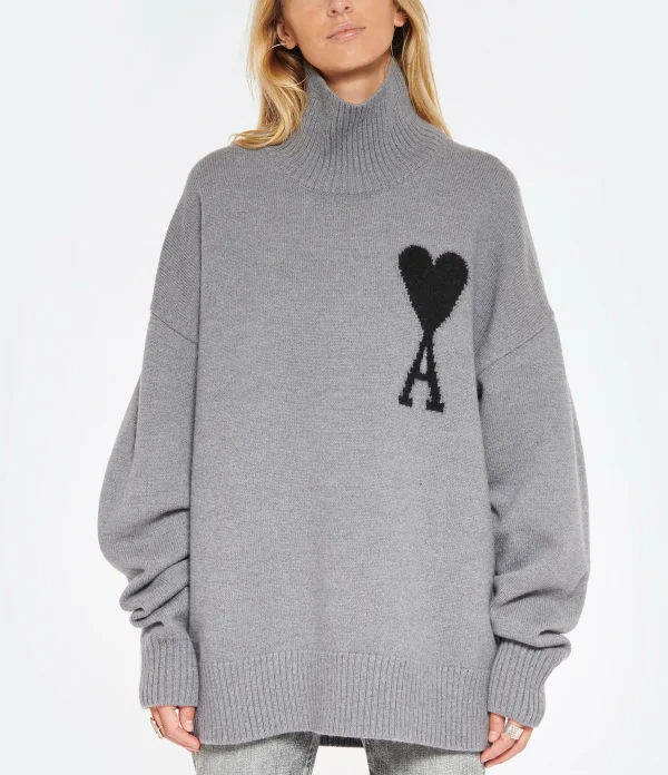 AMI Paris Pull Unisexe Ami De Cœur Laine Gris Noir 4