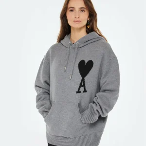 AMI Paris Pull Hoodie Unisexe Ami De Cœur Laine Gris Noir 11