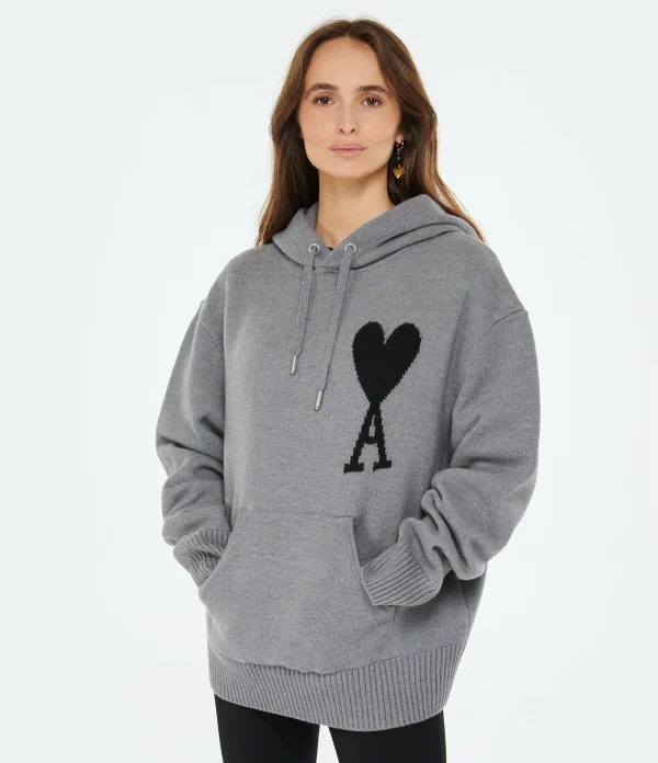 AMI Paris Pull Hoodie Unisexe Ami De Cœur Laine Gris Noir 4