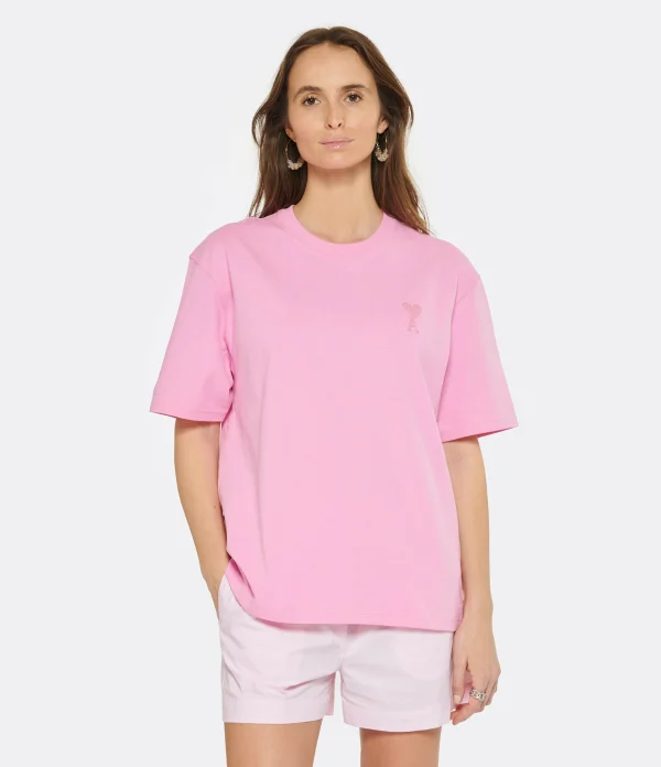 AMI Paris Tee-shirt Unisexe Ami De Cœur Coton Biologique Rose Bonbon 4