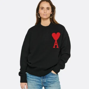 AMI Paris Pull Unisexe Oversize Ami De Cœur Col Rond Laine Noir Rouge 12