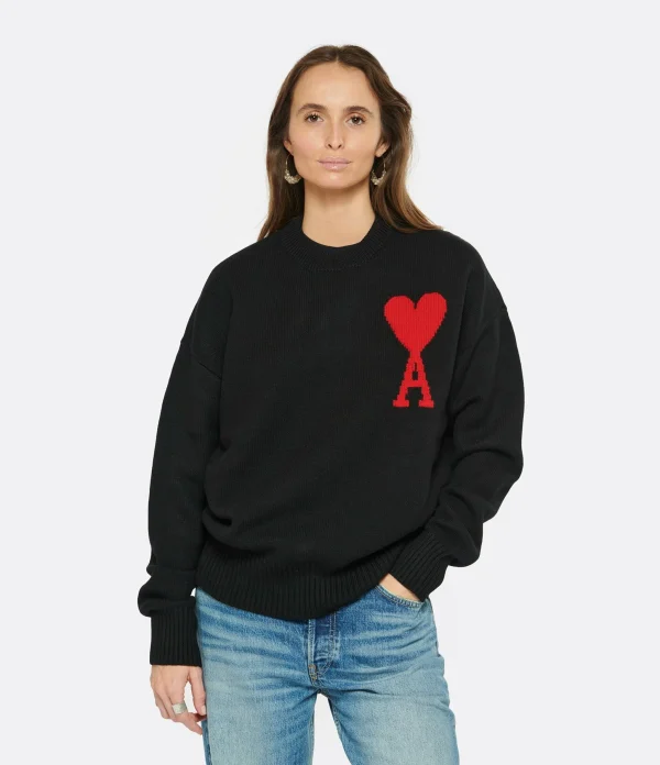 AMI Paris Pull Unisexe Oversize Ami De Cœur Col Rond Laine Noir Rouge 4