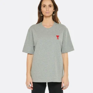 AMI Paris Tee-shirt Unisexe Ami De Cœur Coton Biologique Gris Chiné Rouge 11