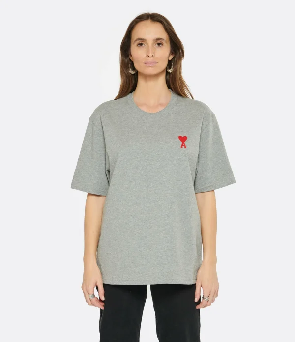 AMI Paris Tee-shirt Unisexe Ami De Cœur Coton Biologique Gris Chiné Rouge 4