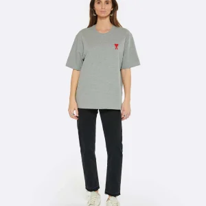 AMI Paris Tee-shirt Unisexe Ami De Cœur Coton Biologique Gris Chiné Rouge 15