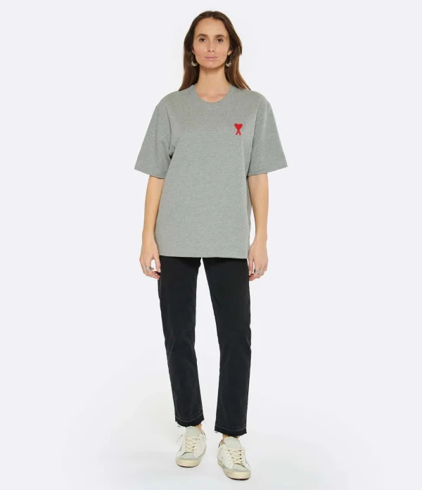 AMI Paris Tee-shirt Unisexe Ami De Cœur Coton Biologique Gris Chiné Rouge 6