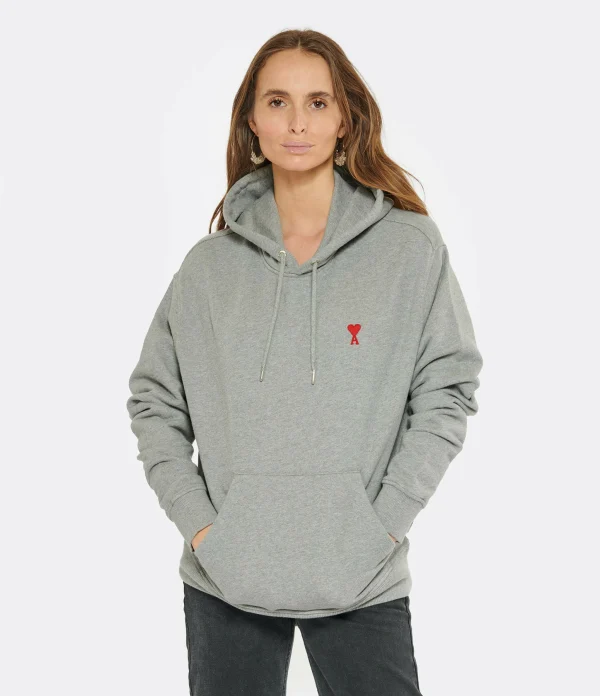 AMI Paris Sweatshirt Hoodie Unisexe Ami De Cœur Coton Bio Gris Chiné 4