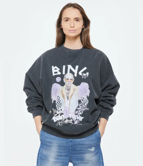 Sweatshirt Harvey Elton John Coton Noir Délavé, Collaboration Anine Bing X Terry O’Neill X IScreamColour 4