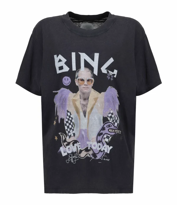 Tee-shirt Lili Elton John Coton Noir Délavé, Collaboration Anine Bing X Terry O’Neill X IScreamColour 1