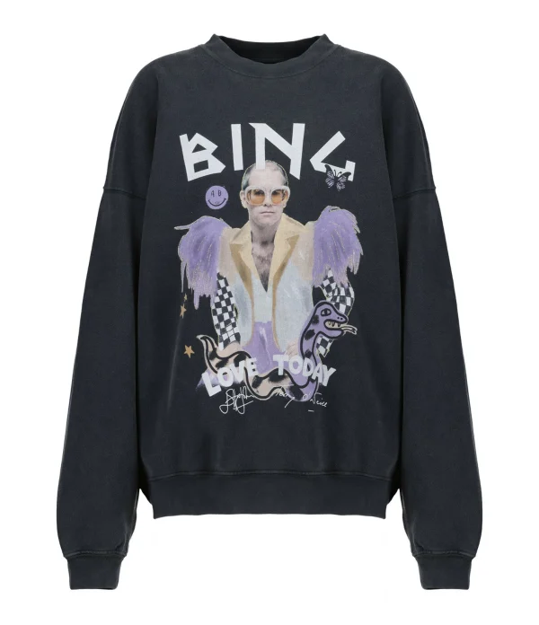 Sweatshirt Harvey Elton John Coton Noir Délavé, Collaboration Anine Bing X Terry O’Neill X IScreamColour 1