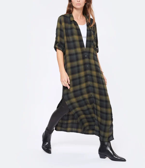 Bella Dahl Robe Rolled Sleeve Duster Jasper Green Plaid 4