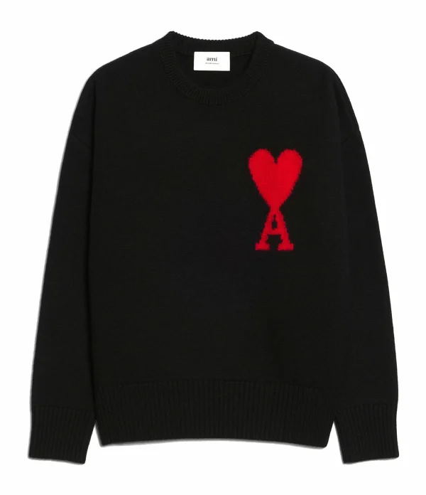 AMI Paris Pull Unisexe Oversize Ami De Cœur Col Rond Laine Noir Rouge 1