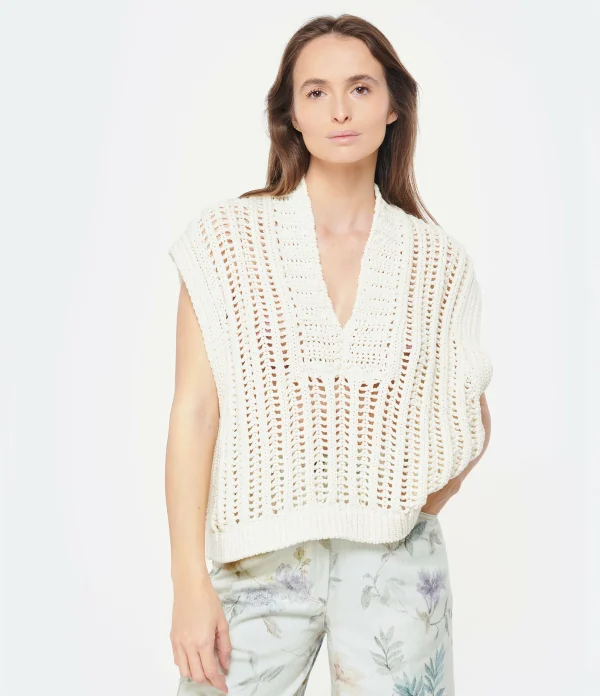 FORTE_FORTE Pull Sans Manches Maille Blanc Coton Naturel 3