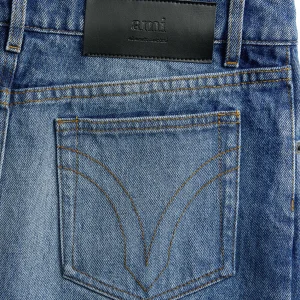 AMI Paris Jupe Crayon Coton Denim Bleu Usé 9