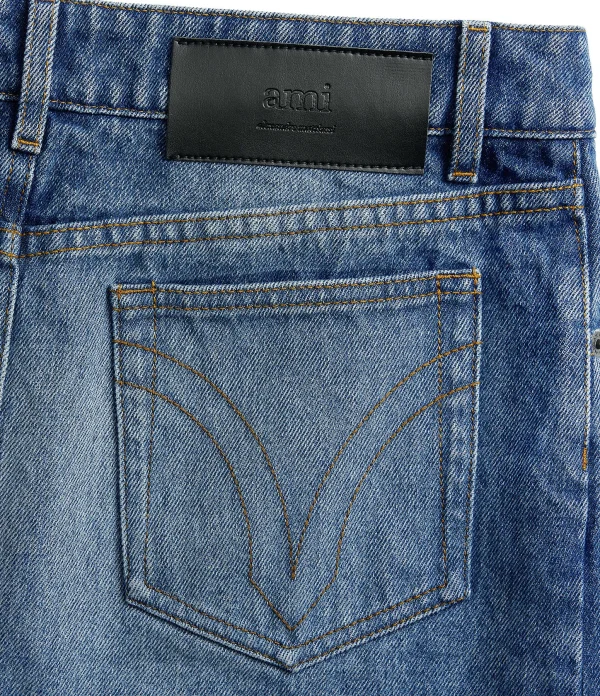 AMI Paris Jupe Crayon Coton Denim Bleu Usé 3