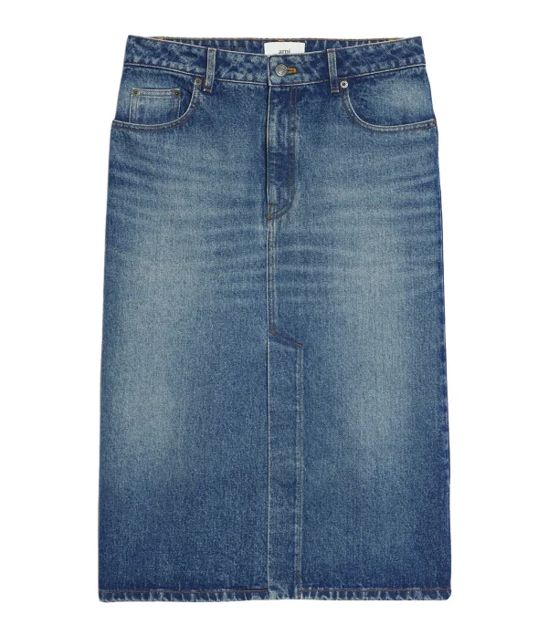 AMI Paris Jupe Crayon Coton Denim Bleu Usé 1