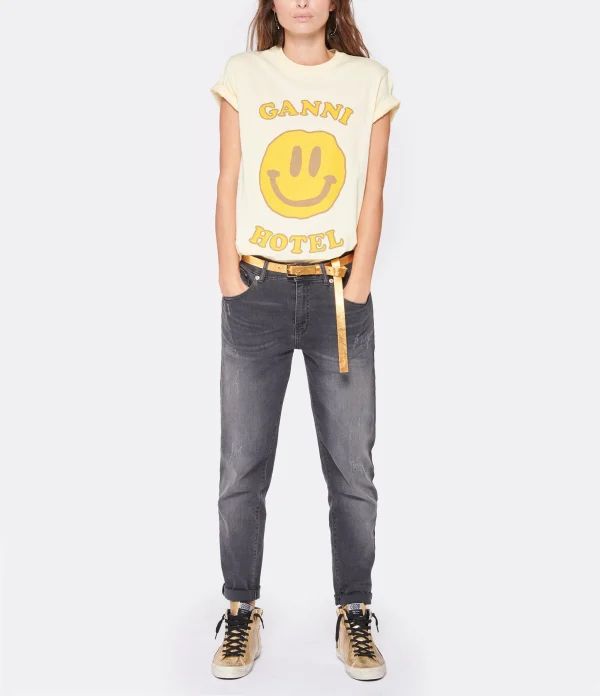 Ganni Tee-shirt Smiley Coton Jaune 4