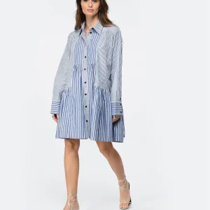 Ganni Robe Chemise Rayures Coton Organique Gris Bleu 10