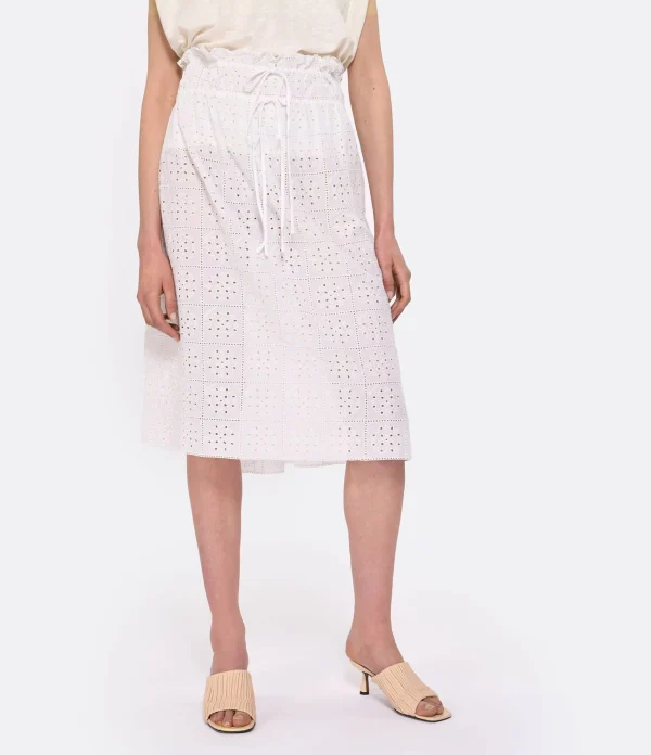 Ganni Jupe Midi Broderie Anglaise Coton Organique Blanc 5