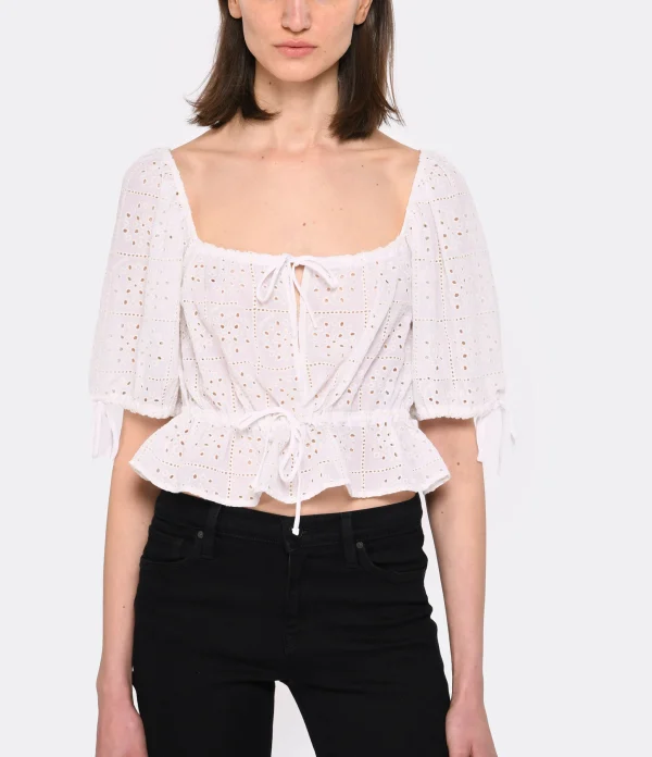 Ganni Top Court Broderie Anglaise Coton Organique Blanc 4