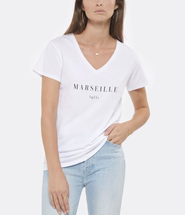 Tee-shirt Lulli Marseille Col V Coton Bio Blanc, Collaboration Jeanne Vouland X Lulli 3