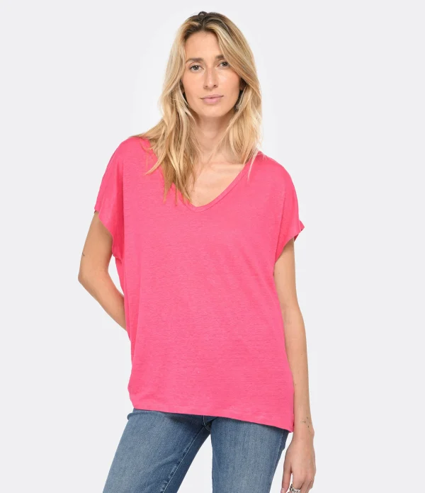 MAJESTIC FILATURES Tee-shirt Col V Lin Flamingo 4