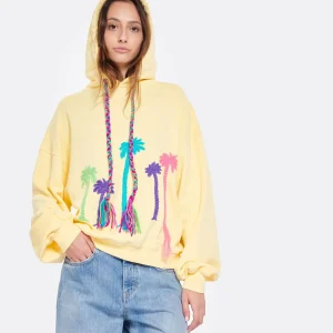 MIRA MIKATI Sweatshirt Hoodie Broderie Palmier Coton Jaune Citron 11