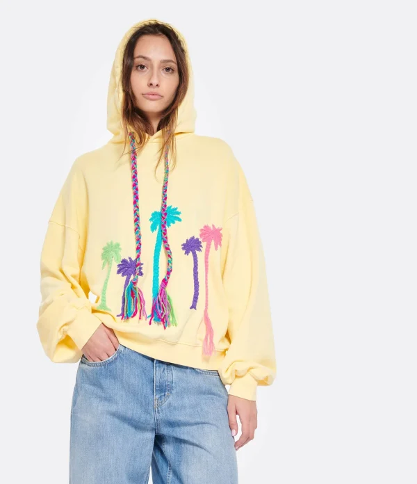 MIRA MIKATI Sweatshirt Hoodie Broderie Palmier Coton Jaune Citron 4