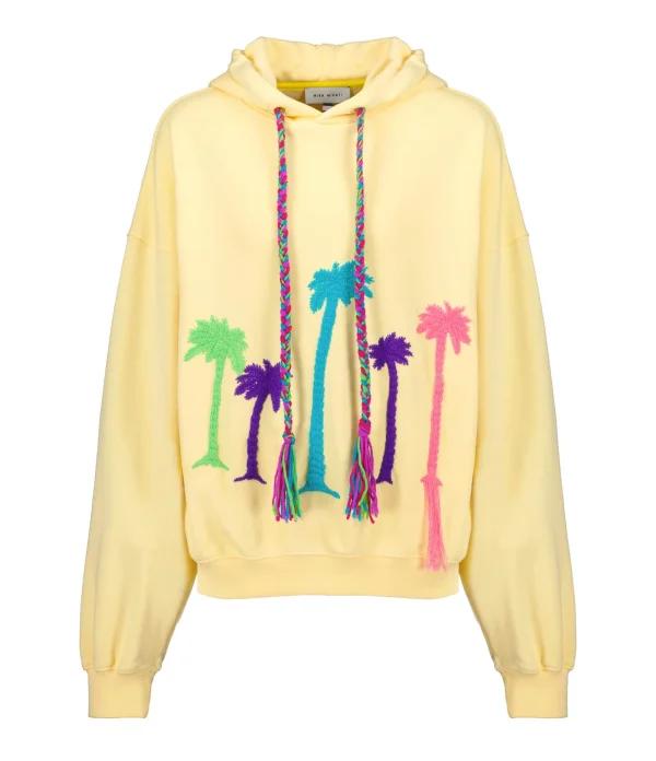 MIRA MIKATI Sweatshirt Hoodie Broderie Palmier Coton Jaune Citron 1