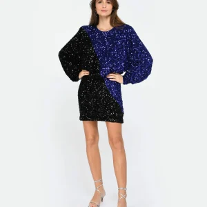 ROTATE Robe Mini Bicolore Sequins Noir Bleu 10