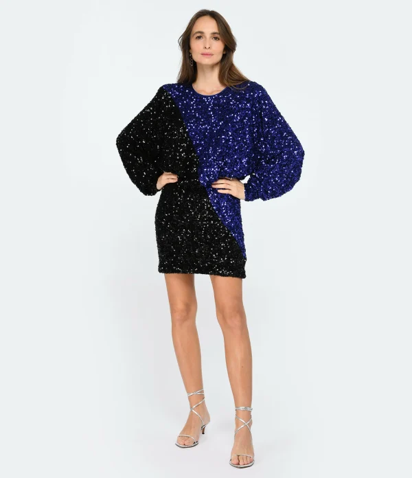 ROTATE Robe Mini Bicolore Sequins Noir Bleu 4