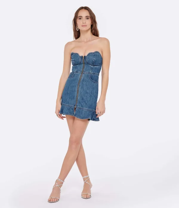 SELF PORTRAIT Robe Mini Bandeau Denim Bleu 4