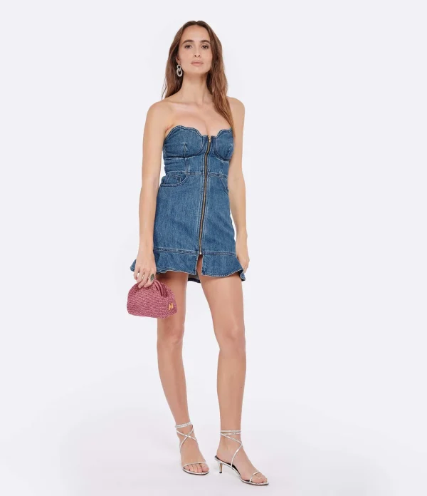 SELF PORTRAIT Robe Mini Bandeau Denim Bleu 6