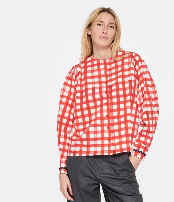 Tara Jarmon Blouse Carreaux Coton Rouge 4