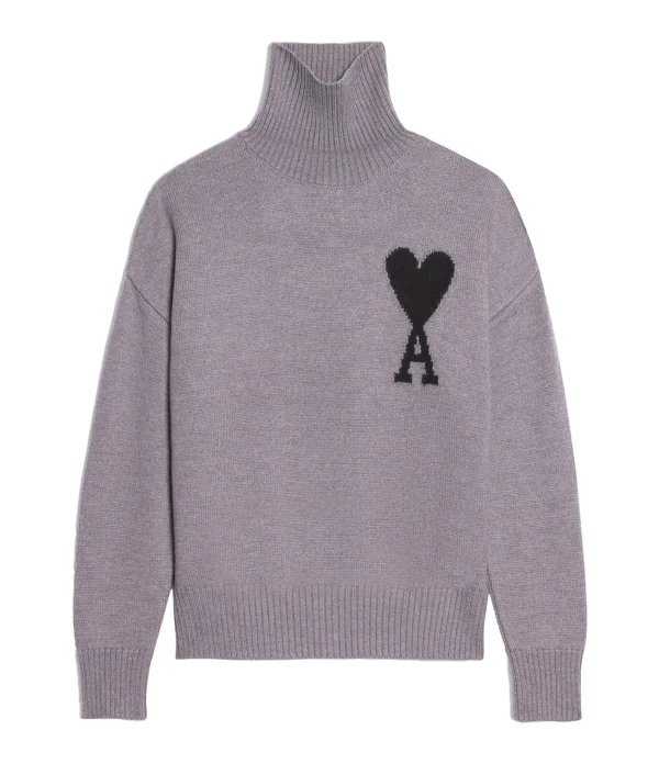 AMI Paris Pull Unisexe Ami De Cœur Laine Gris Noir 1