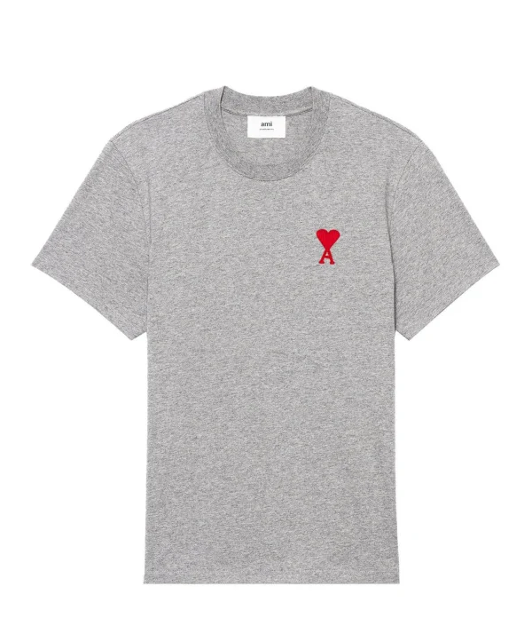 AMI Paris Tee-shirt Unisexe Ami De Cœur Coton Biologique Gris Chiné Rouge 1